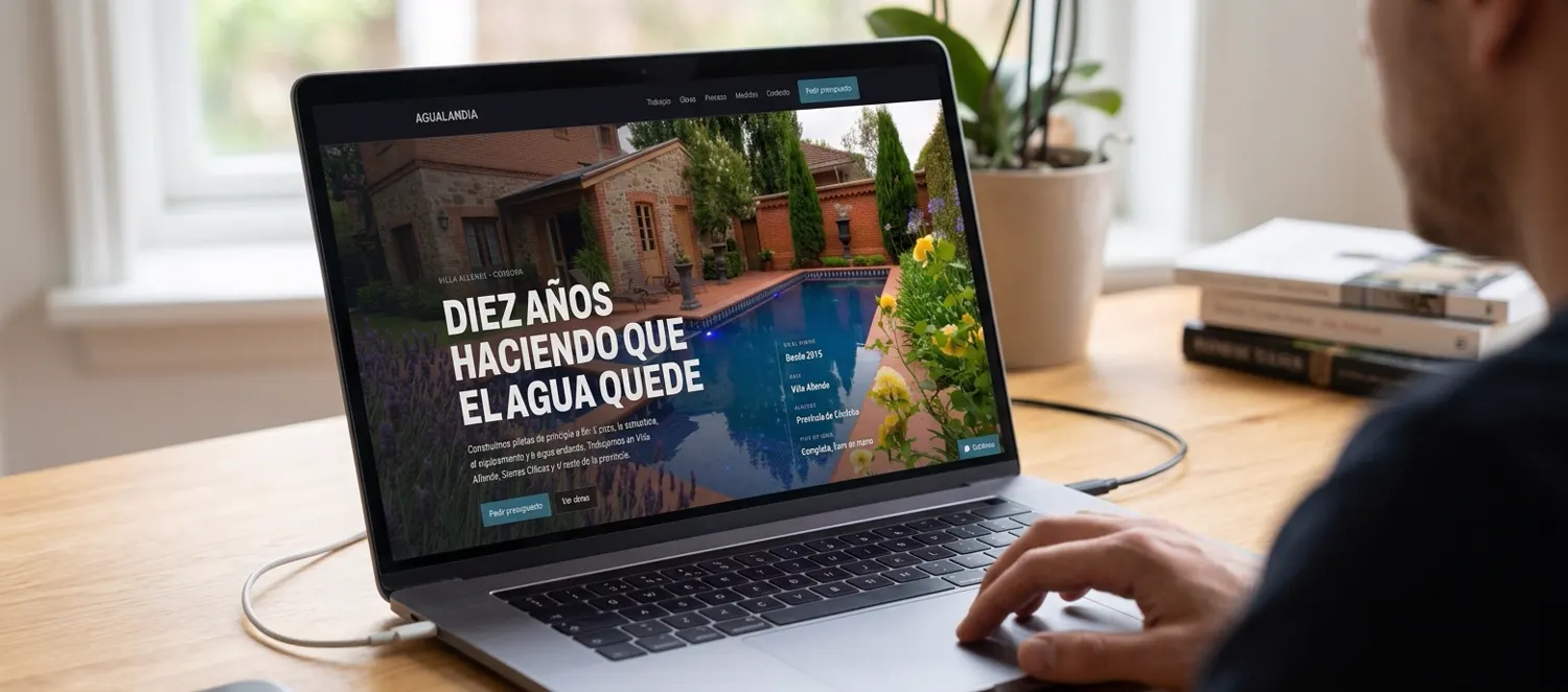 Portada de Agualandia vista en una notebook sobre un escritorio: la pileta terminada y el titular Diez años haciendo que el agua quede